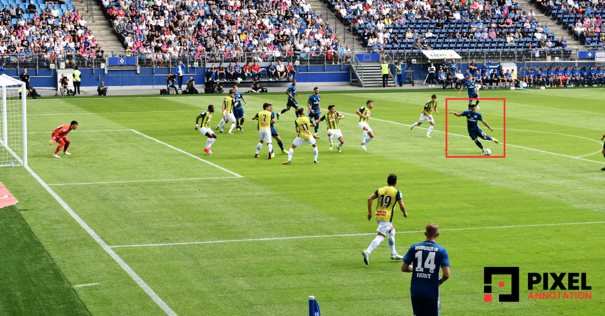 Illustration showing the football data annotation process with players, ball tracking, and event tagging for AI analysis.